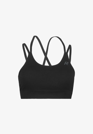 Zwarte sportbeha met dunne gekruiste bandjes en een klein reflecterend logo aan de linkerbovenkant.