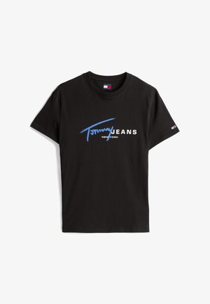Czarny bawełniany t-shirt z niebiesko-białym nadrukiem z przodu: "Tommy JEANS NEW YORK". Krótkie rękawy i okrągły dekolt.