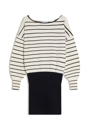 Rochie cu mâneci lungi, cu dungi orizontale albe și negre în partea superioară și fustă conică neagră uni în partea de jos. Decolteu bote și manșete cu nervuri.