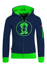 Navy blue zip-up hoodie with neon green accents, featuring a circular logo design and side zip pocket. Soft fabric with ribbed cuffs.