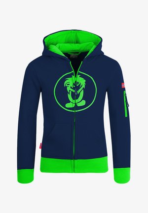 Navy blue zip-up hoodie with neon green accents, featuring a circular logo design and side zip pocket. Soft fabric with ribbed cuffs.