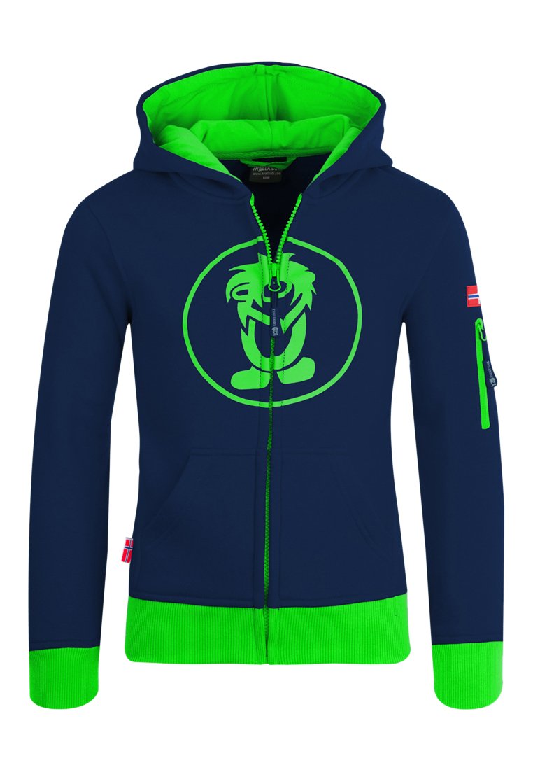 Navy blue zip-up hoodie with neon green accents, featuring a circular logo design and side zip pocket. Soft fabric with ribbed cuffs.