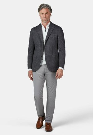 Mand med gråt hår iført en mørk tekstureret blazer, hvid zip-up skjorte, lysegrå bukser og brune lædersko, stående foran en hvid baggrund.