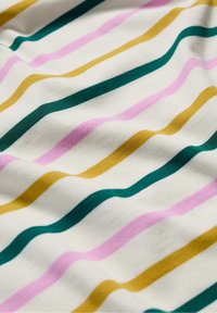 Striped fabric with pink, green, and yellow horizontal lines on a cream background. Soft texture with a smooth, slightly stretchy finish.