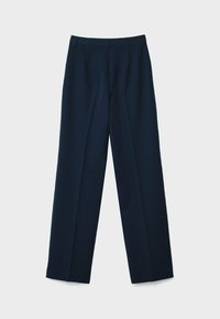 Pantalon formel bleu marine à jambes droites, passants de ceinture et taille nette, présenté à plat sur fond blanc.