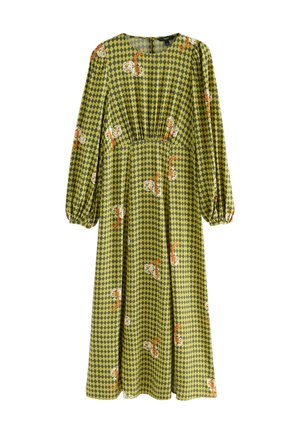 Long-sleeve dress in green with a checkered pattern, adorned with floral accents in orange and white, featuring a gathered waist and flowy silhouette.
