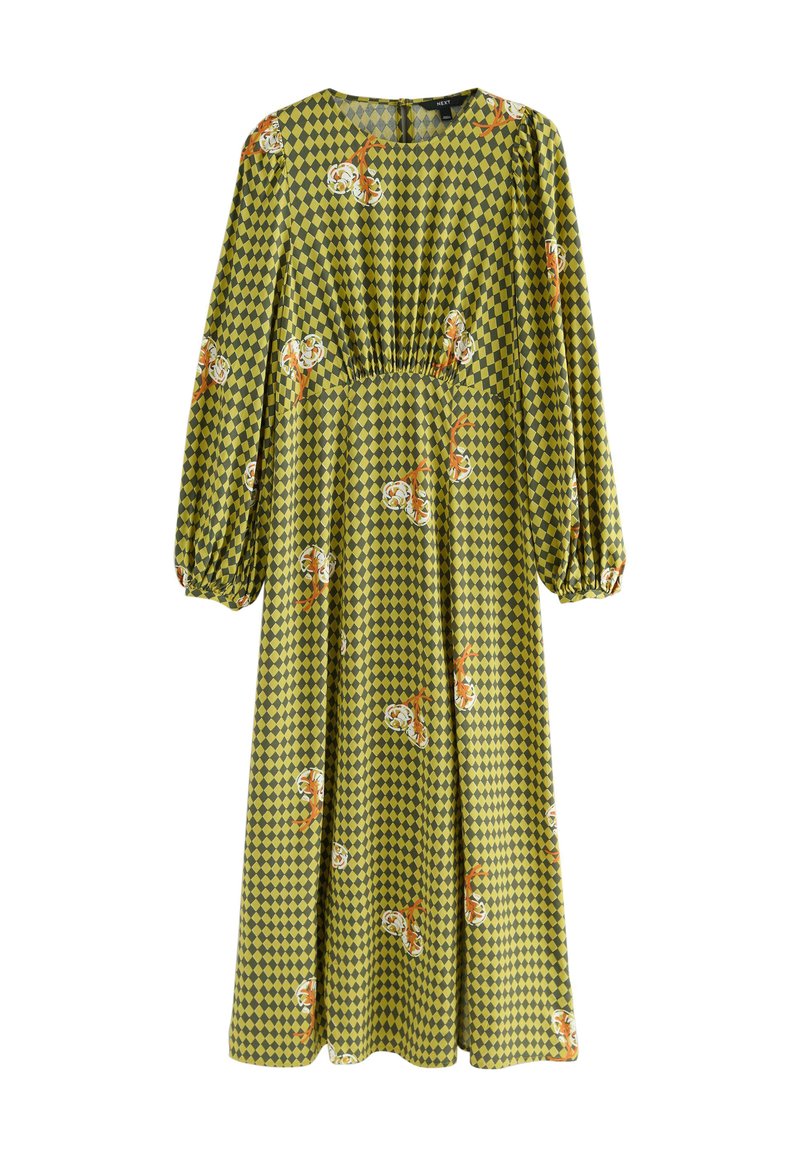 Langærmet kjole i grøn med et ternet mønster, prydet med blomstrede detaljer i orange og hvid, med en samlet talje og en let, svævende silhuet.