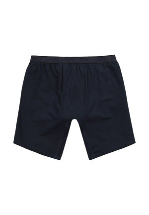 Navyblauwe katoenen boxershorts met een elastische tailleband, voorzien van een herhaald "M"-logo. Eenvoudig ontwerp, midden boven de dijen met gestikte naden.
