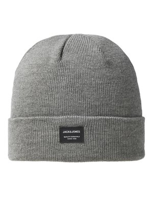 Gorro de punto gris con un puño doblado, que presenta una etiqueta negra con el nombre de la marca y texto. El material parece suave y con textura acanalada.