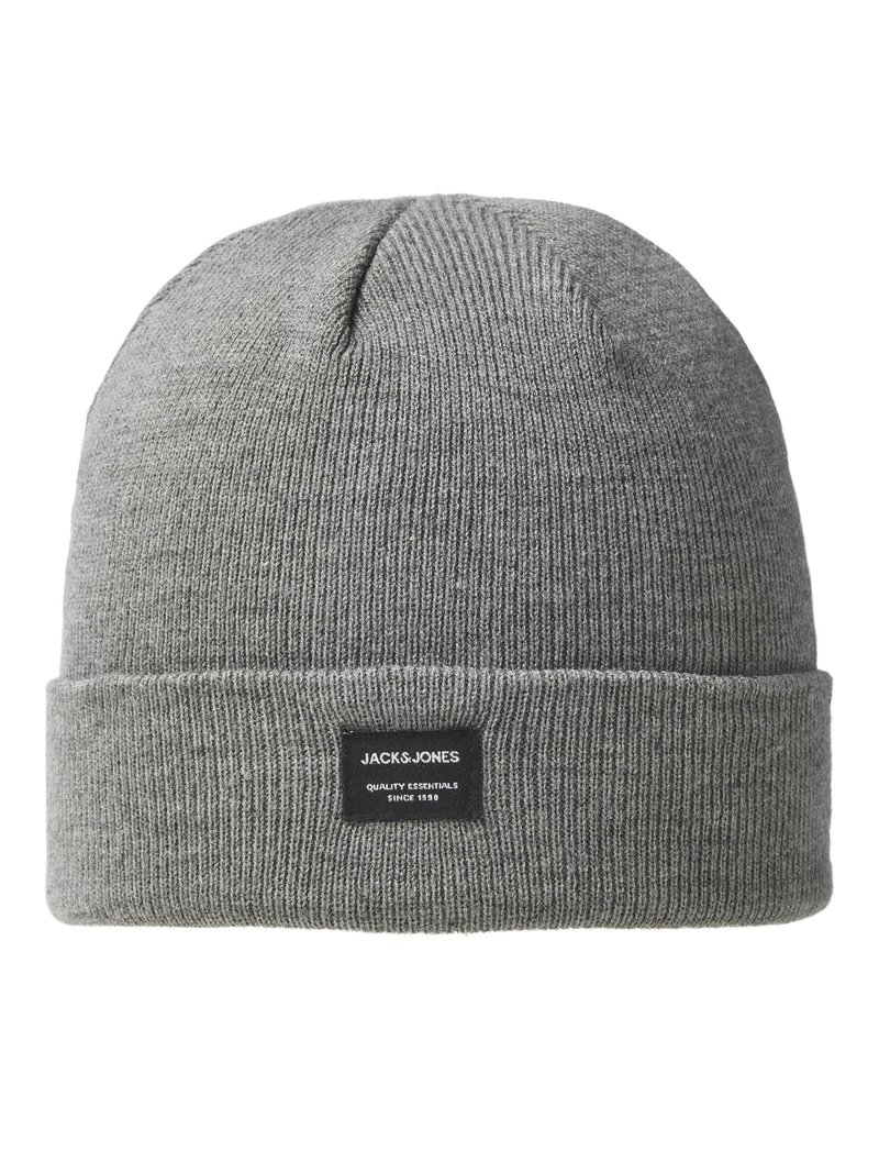 Gray knit beanie with a folded cuff, featuring a black label with brand name and text. Material appears soft and ribbed in texture.