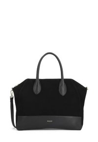 Fekete bőr és nubuk táska dupla fogantyúval és levehető pánttal. Simább aljrésszel és diszkrét logó részlettel rendelkezik.