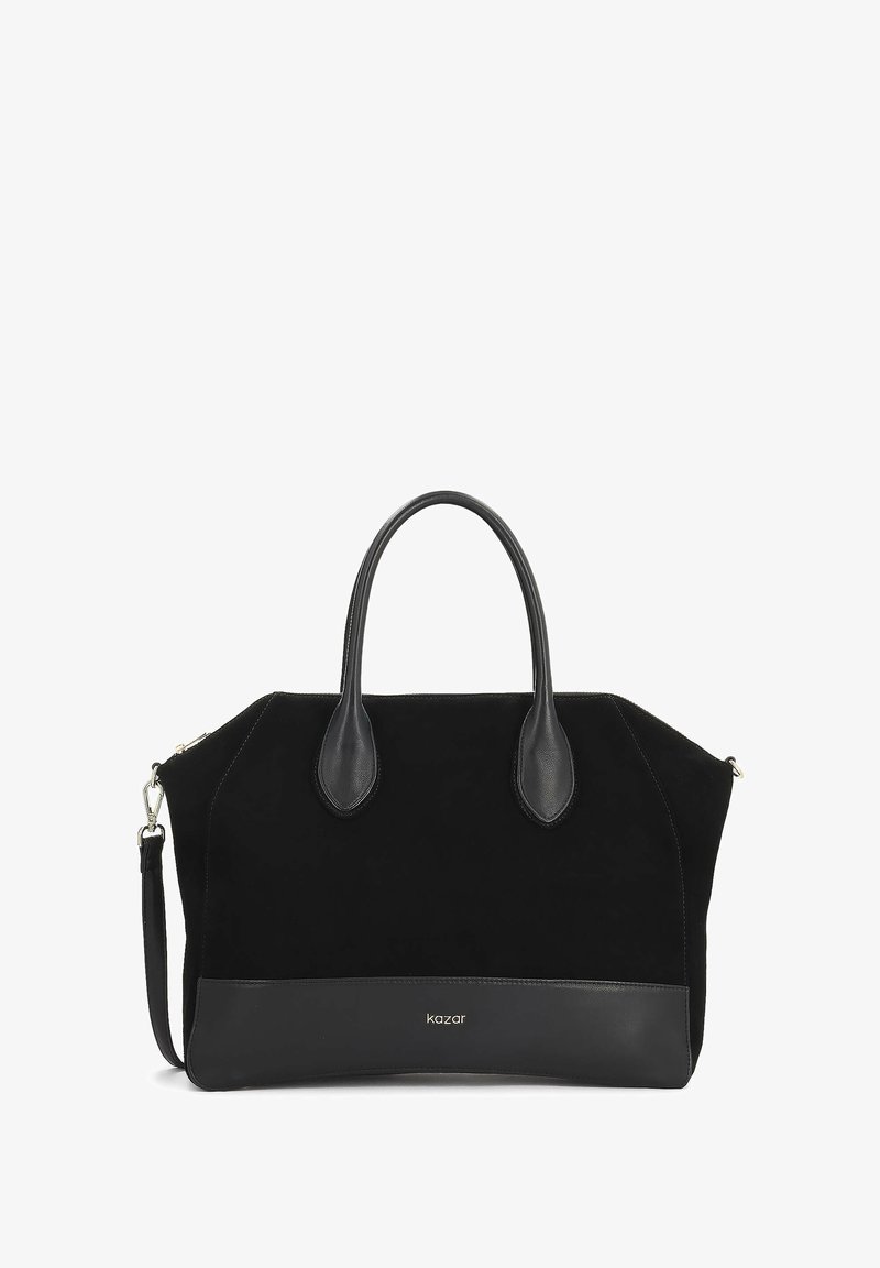Fekete bőr és nubuk táska dupla fogantyúval és levehető pánttal. Simább aljrésszel és diszkrét logó részlettel rendelkezik.
