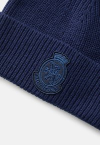 Sötétkék, kötött, bordás textúrájú sapka, a frontrészén egy kör alakú, sötétkék folttal, amelyen egy oroszlán embléma és a "HILFIGER" felirat található.