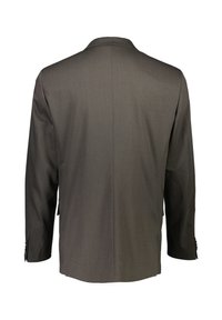 Donkergrijze blazer met een gladde textuur, enkele rugsplit, lange mouwen en knoopmanchetten. Eenvoudig ontwerp zonder zichtbare patronen of accenten.