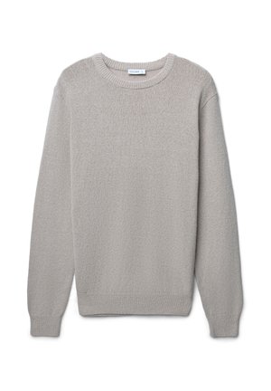 Pull-over en maille gris clair à col rond, avec des manches longues et des poignets et un ourlet côtelés, design uni, taille large.