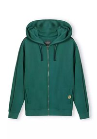 Zielona bluza z kapturem na zamek, z dużym kapturem, przednimi kieszeniami, czarnymi paskami po bokach i ściśniętymi mankietami. Wykonana z miękkiego, teksturowanego materiału.