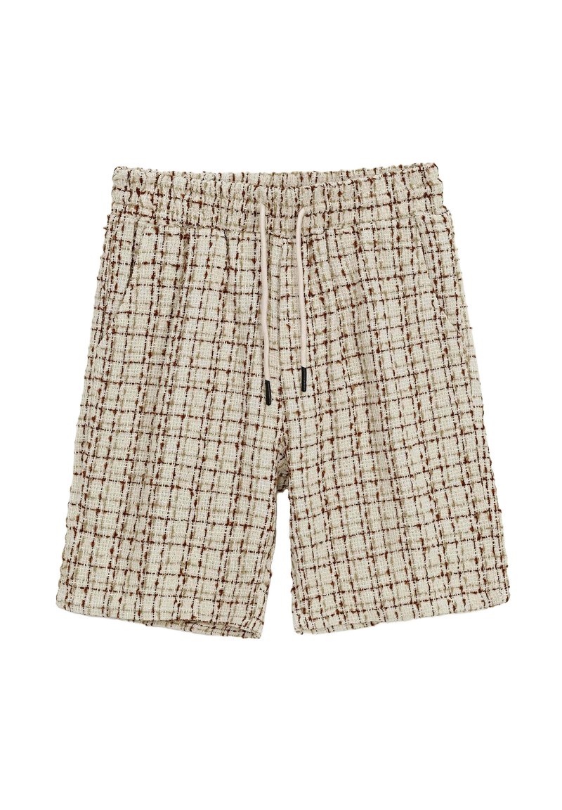 Shorts en tweed avec un motif à carreaux beige et marron, dotés d'une taille élastique et d'un cordon de serrage. Deux poches latérales visibles.