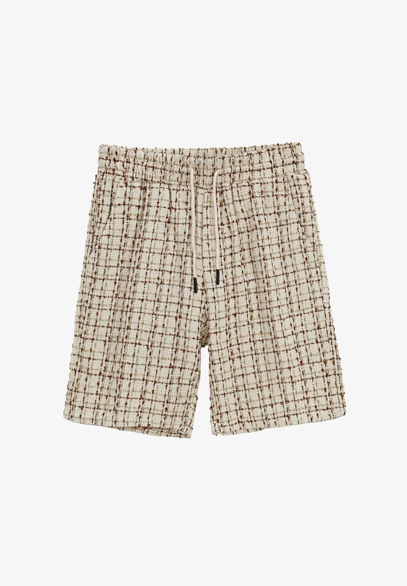 Shorts en tweed avec un motif à carreaux beige et marron, dotés d'une taille élastique et d'un cordon de serrage. Deux poches latérales visibles.