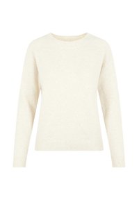Pull crème avec un col rond, des manches raglan longues et des poignets côtelés. Texture douce avec un design simple. Pas de motifs ou d’éléments métalliques visibles.