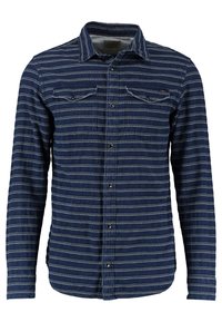 Camicia a maniche lunghe a righe blue e bianche con colletto a button-down, due tasche sul petto e un tessuto testurizzato.