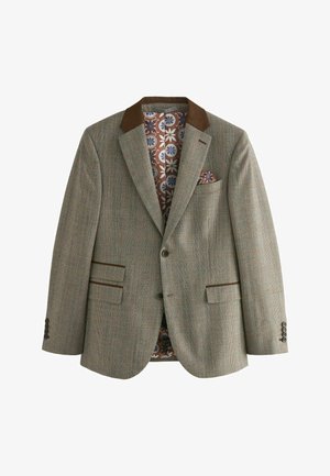 Pruunist ruudulisest blazerist pruunist suedeservast, millel on kaks esist taskut, nööbikäe sulgemine ja mustriga sisevooder.