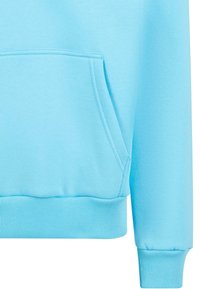 Helles blaues Sweatshirt mit einer Kängurutasche, geripptem Saum und Bündchen, aus weichem Baumwollgemisch gefertigt. Glatte Textur mit minimaler Nahtdetails.