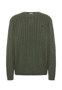 Maglione verde a treccia con colletto rotondo, polsini e orlo a coste. Presenta un piccolo logo sul petto. Tessuto morbido e strutturato.