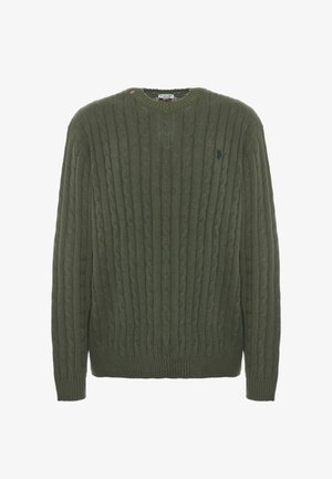 Maglione verde a treccia con colletto rotondo, polsini e orlo a coste. Presenta un piccolo logo sul petto. Tessuto morbido e strutturato.