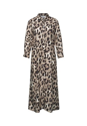 Long-sleeve, button-up dress with beige and black leopard print pattern and collar, made from glossy fabric.