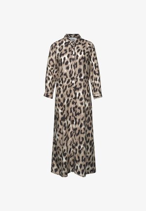 Langärmliges Hemdkleid mit beige-schwarzem Leopardenmuster und Kragen, aus glänzendem Stoff gefertigt.