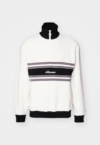 Witte fleece sweatshirt met opstaande kraag, halve ritssluiting en zwarte manchetten. Heeft horizontale zwarte en grijze strepen met logo op de voorkant.