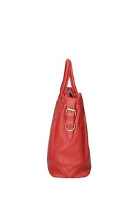 Borsa a mano in pelle rossa con una forma strutturata, doppi manici, dettaglio con fibbia e finitura testurizzata. Presenta angoli inferiori arrotondati.