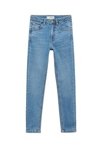 Smala blå jeans gjorda av denim, med en klassisk femfickorsdesign, dragkedjegylft och en blekt ljus tvätt.