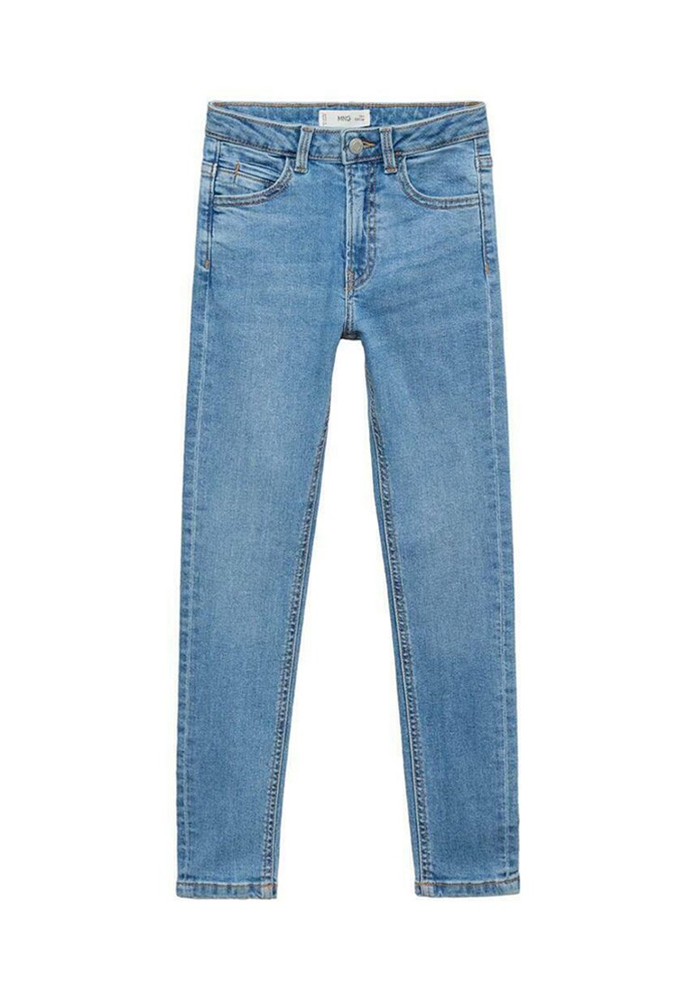 Smala blå jeans gjorda av denim, med en klassisk femfickorsdesign, dragkedjegylft och en blekt ljus tvätt.