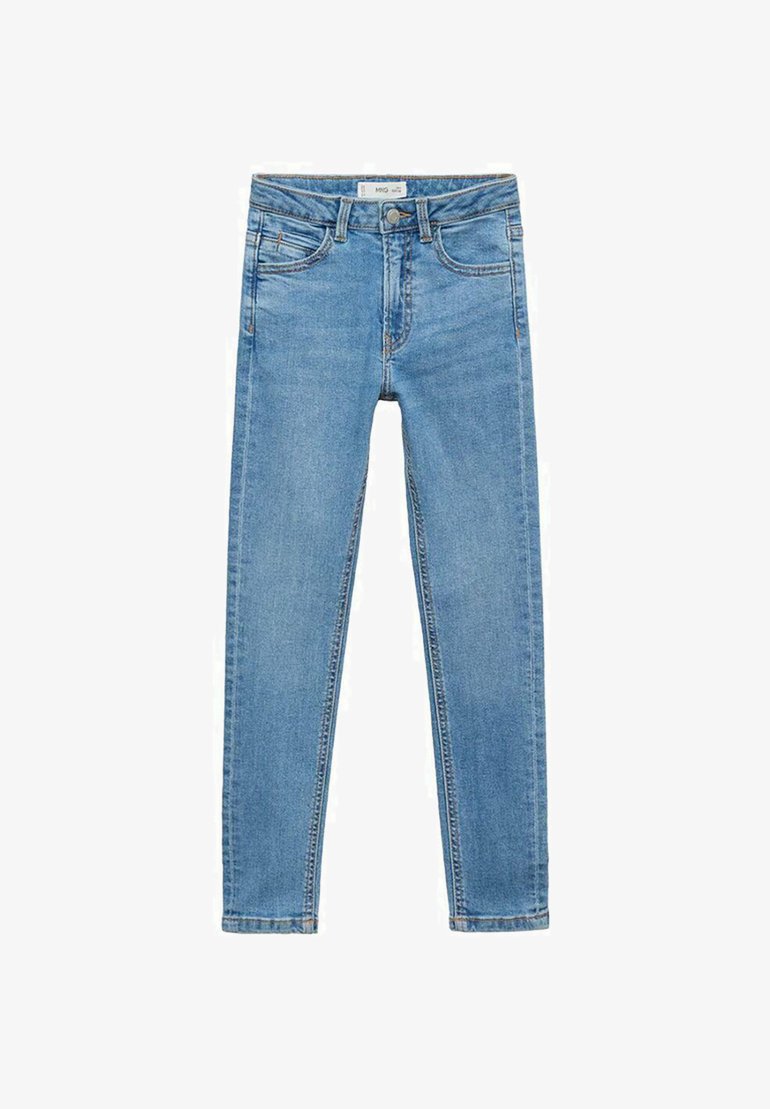 Užke modre kavbojke iz denima, opremljene s klasičnim pet-imi žepi, zadrgo in svetlo oprano končno obdelavo.