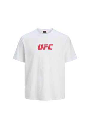 Balta trumpa rankovė t-shirt marškinėliai su raudonu UFC logotipu, atspausdintu center ant krūtinės, ir mažu UFC žymekliu apykaklėje.