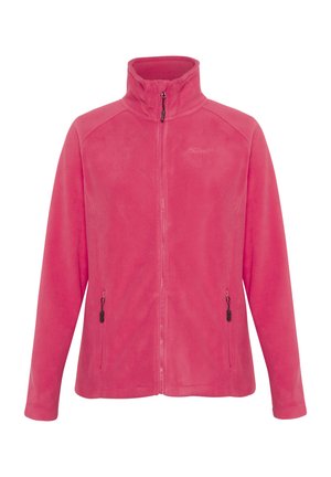Fleece jacket, vibrant pink, full zip, high collar, two zippered side pockets, soft texture, and subtle logo detail on the chest.