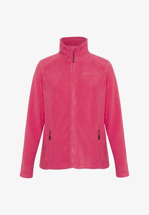 Fleece jacket, vibrant pink, full zip, high collar, two zippered side pockets, soft texture, and subtle logo detail on the chest.