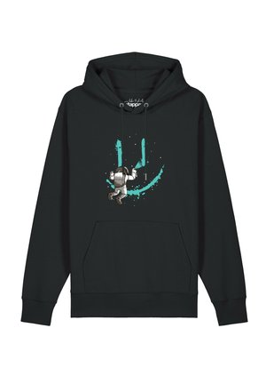 Black hoodie with front pocket featuring an astronaut floating in space near a large turquoise smiley face design.