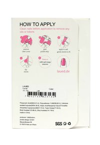 Nail wrap packaging with instructions. Features pink graphics, clear text, and icons. Material composition and barcode visible at the bottom.