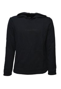 Felpa con cappuccio nera realizzata in misto cotone, dotata di una tasca a marsupio sul davanti e un discreto logo Calvin Klein sul petto.
