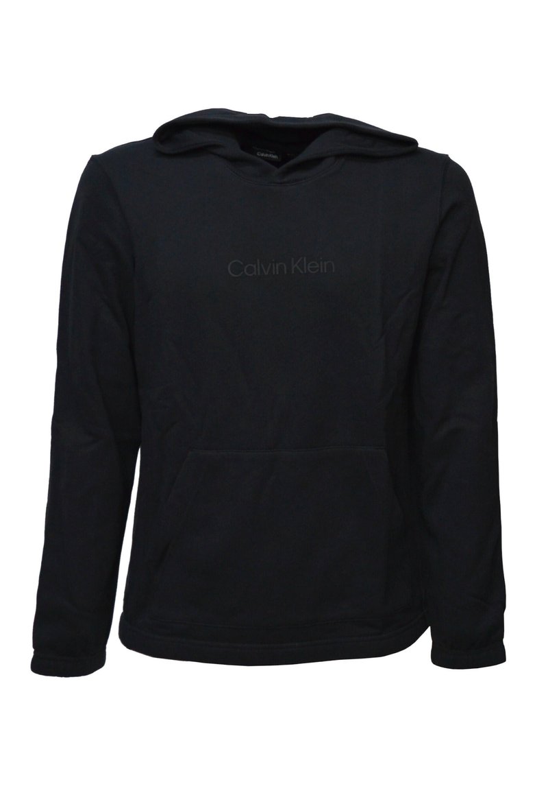 Felpa con cappuccio nera realizzata in misto cotone, dotata di una tasca a marsupio sul davanti e un discreto logo Calvin Klein sul petto.