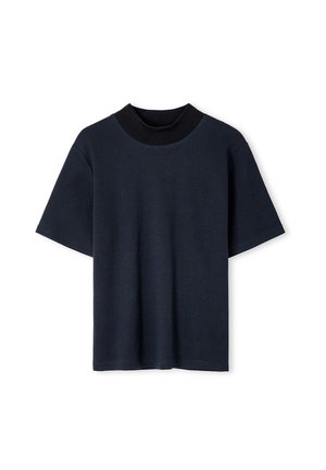 Dark navy short-sleeve t-shirt with a round ribbed neckline. Made from soft fabric, featuring a simple, unembellished design.