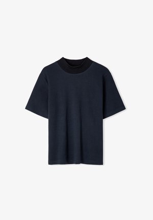 Dark navy short-sleeve t-shirt with a round ribbed neckline. Made from soft fabric, featuring a simple, unembellished design.