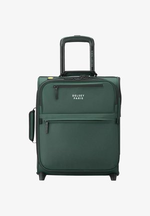Valigia a mano verde con manico estraibile, scomparti con cerniera e ruote robuste. Presenta una superficie liscia e un logo sulla parte anteriore.