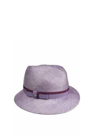 Light purple woven fedora with a matching purple and dark red ribbon band and a small round silver accent on the side.