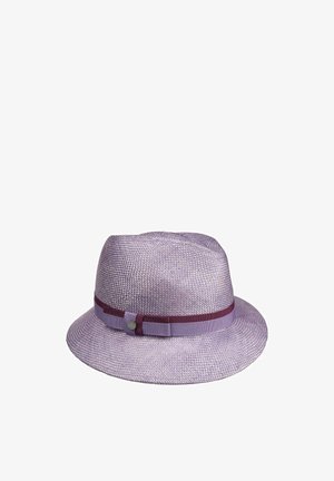 Light purple woven fedora with a matching purple and dark red ribbon band and a small round silver accent on the side.