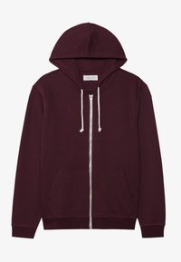Sudadera con cremallera en burdeos, con capucha ajustable, bolsillos frontales y puños acanalados. Fabricada con una tela suave y de textura lisa.
