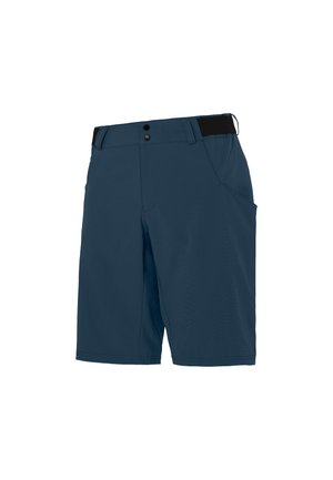 Shorts blu navy realizzati in tessuto leggero, dotati di un elastico nero in vita, due tasche laterali e un design frontale piatto.