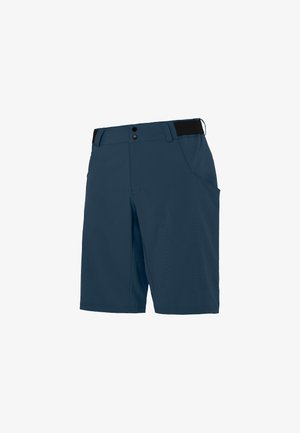 Shorts blu navy realizzati in tessuto leggero, dotati di un elastico nero in vita, due tasche laterali e un design frontale piatto.